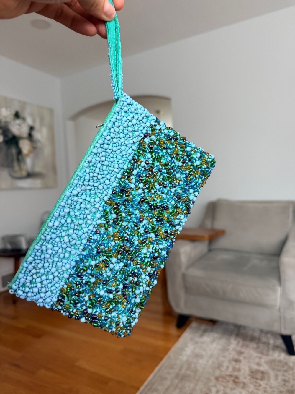 Turquoise glass beaded clutch